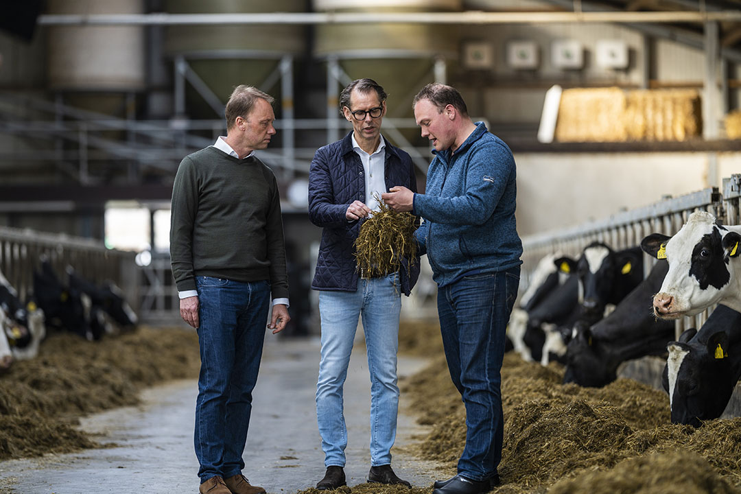 Van links naar rechts: Hein Schumacher (CEO FrieslandCampina), Dimitri de Vreeze (co-CEO DSM) en melkveehouder Richard Korrel (Boerderij Polderzicht). - Foto: RFC