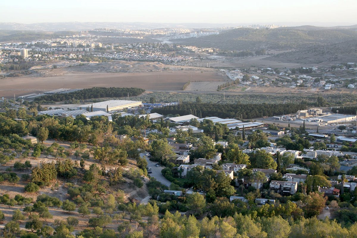 In het midden van de foto ligt Tzora; de kibboets ligt tegen de middelgrote stad Bei Shemesh. Links op de kibboets staan de stallen voor het melkvee. Andere activiteiten liggen verspreid.