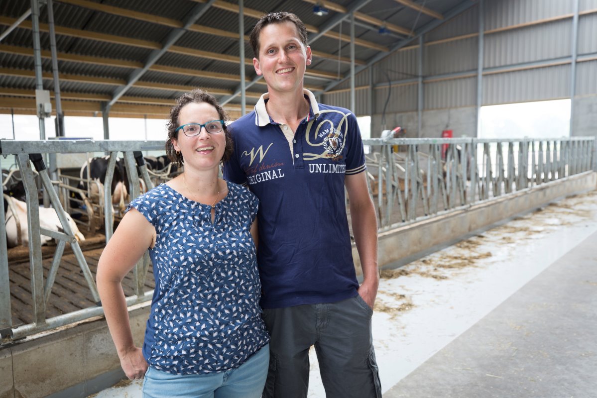 Albert (38) en Erica (37) Nagelhoud hebben in 't Harde (Gelderland) een melkveebedrijf met 95 melk- en kalfkoeien en 60 stuks jongvee. Bij het bedrijf hoort 57 hectare, waarvan 49 hectare eigendom. Er is 47 hectare grasland en 10 hectare mais. De melkveehouders poseren in hun nieuwe stal. - Foto’s: Koos Groenewold.