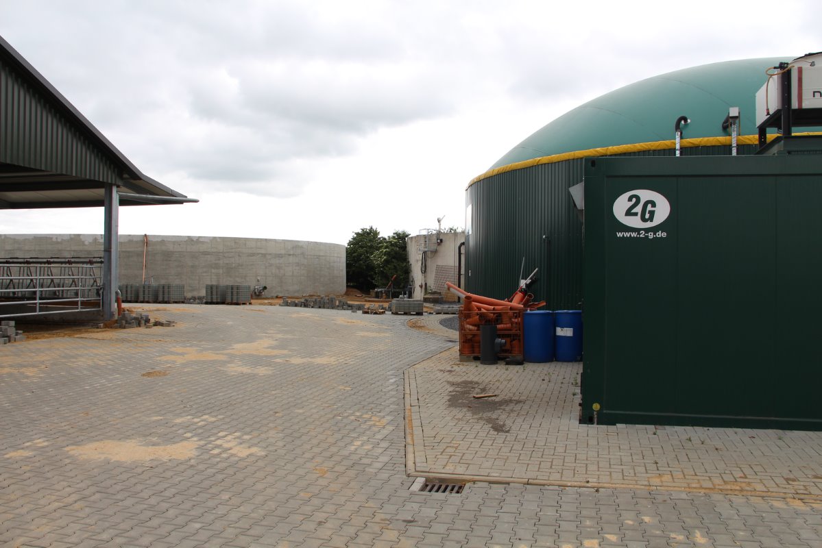 Achter de stal staat een biogasinstallatie met een stroomopwekkingscapaciteit van 75 kW. Om deze optimaal te voeden, wordt zesmaal daags vijf kuub mest vanuit de stal naar de silo gepompt.